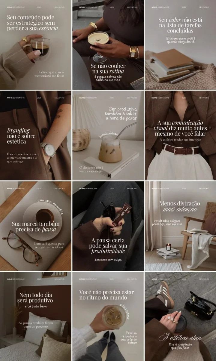 Feed em tons neutros e terrosos, com posts de citação e fotos de rotina combinando entre si.
