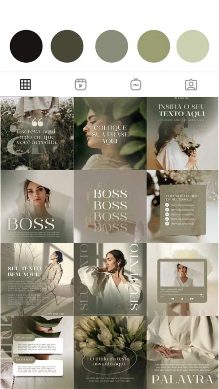 Feed em paleta verde-oliva, alternando fotos, frases e checklists no mesmo estilo.