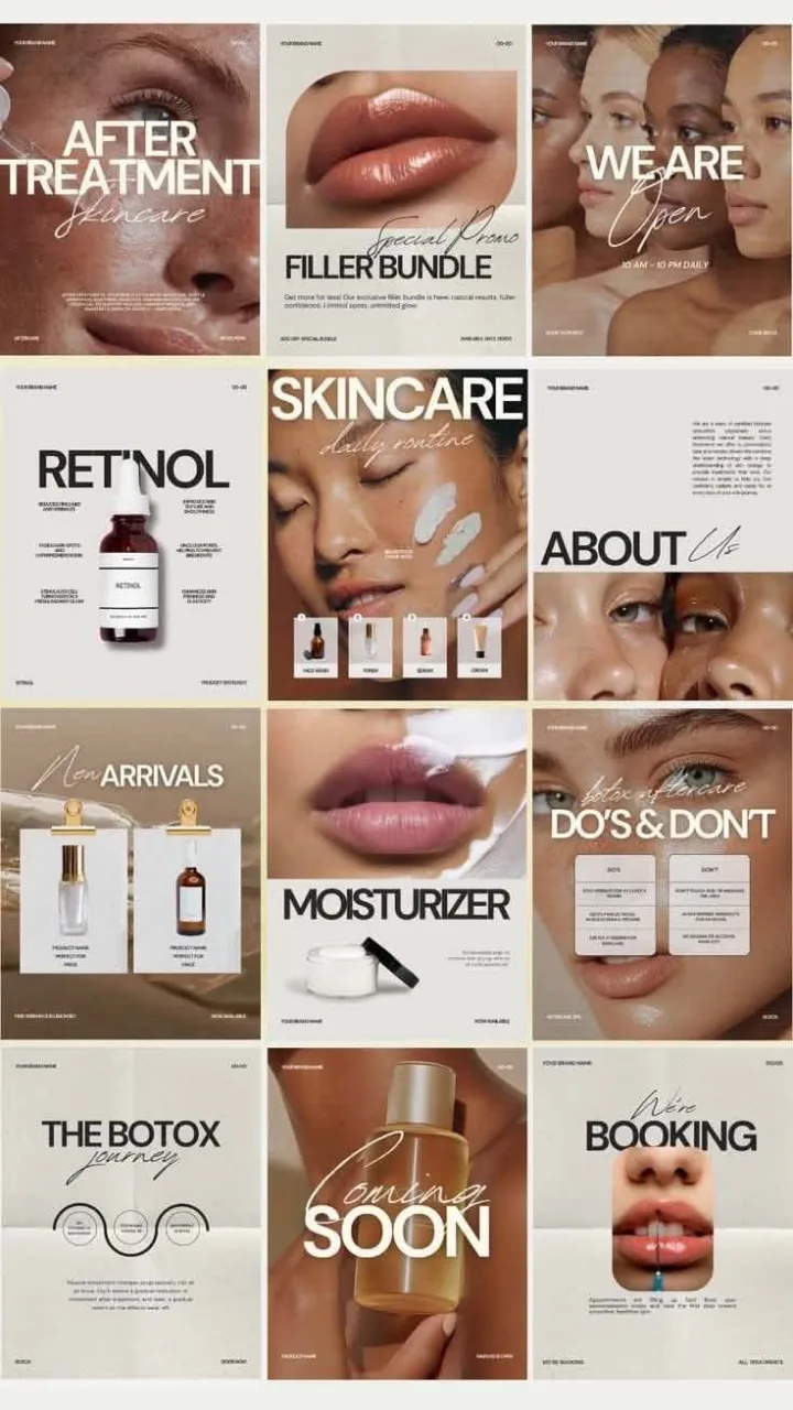 Feed de marca de estética e skincare, com fotos de produto e posts informativos na mesma identidade.